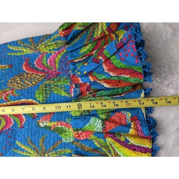 Farm Rio Blue Banana and Toucan Smocked Linen Blend Stretchy Mini Skirt w Croche - Picture 4 of 8
